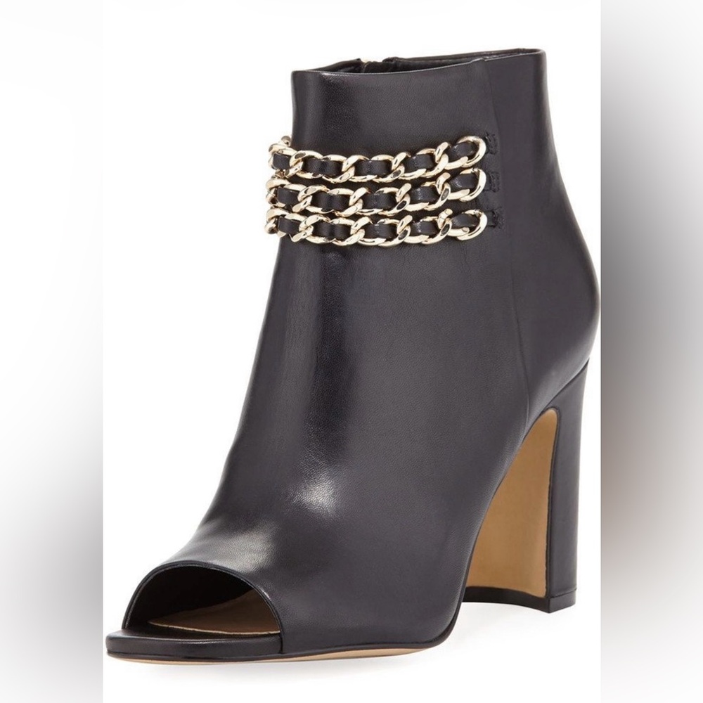 Karl Lagerfeld Elora Black Open Toe Leather Boots with Gold Chain Ankle, Size 8